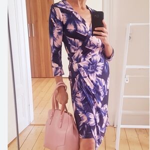 MARC CAIN, FLORAL ABSTRACT PINK, BLACK, BLUE, WRAP, DRESS, SIZE L, NWOT